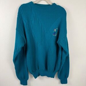 VINTAGE JANZEN MENS SZ XL TURQUOISE GOLF EMBROIDERED KNIT SWEATER EUC